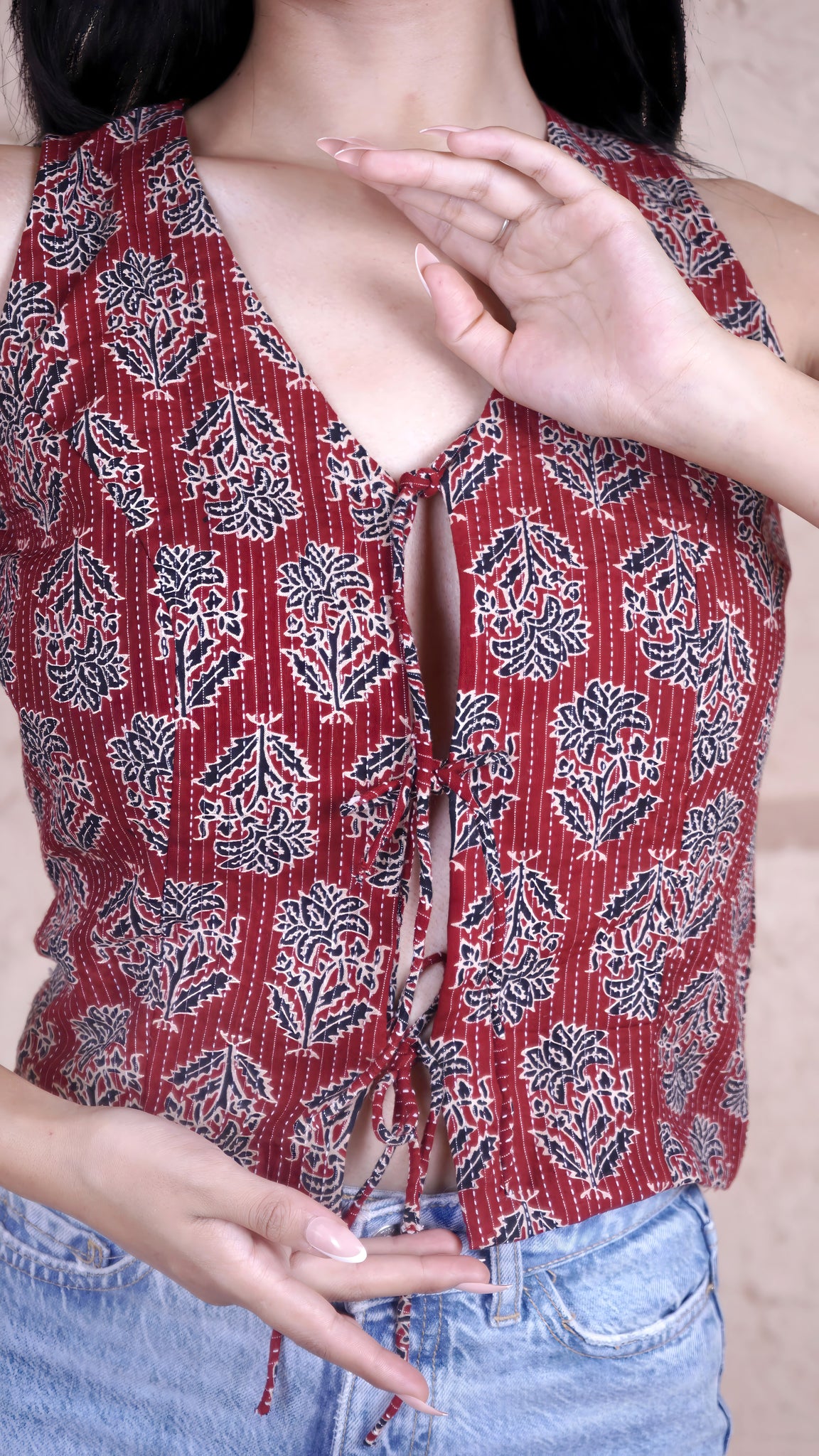 Tamarai Handblock Tie-Up Sleeveless Top