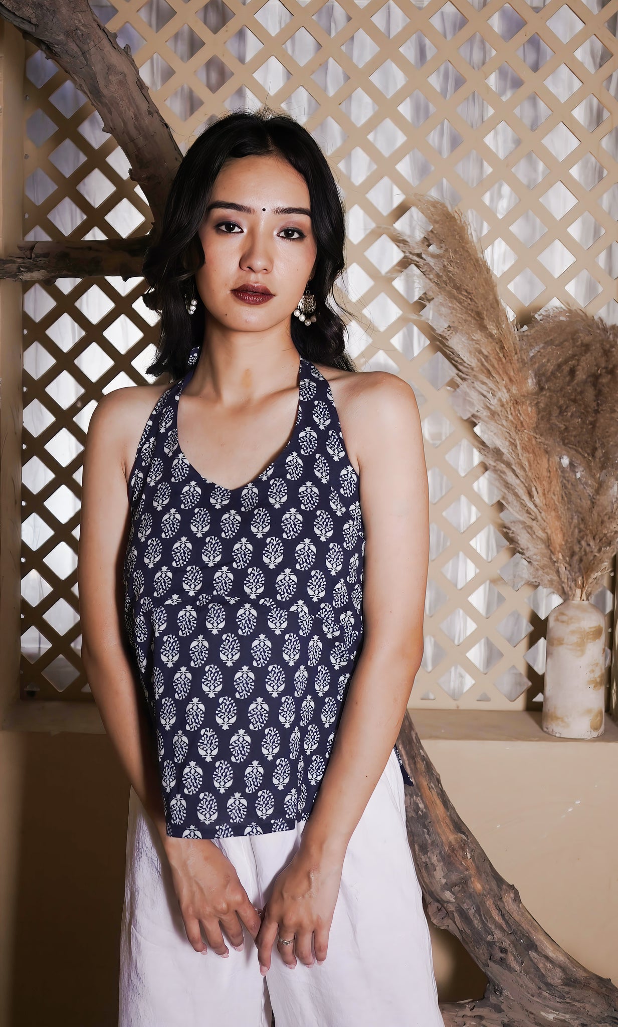 Indigo Bloom Tie-Back Halter Top
