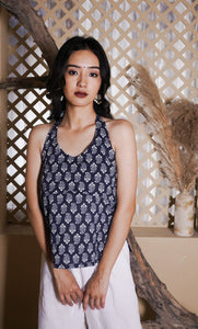 Indigo Bloom Tie-Back Halter Top