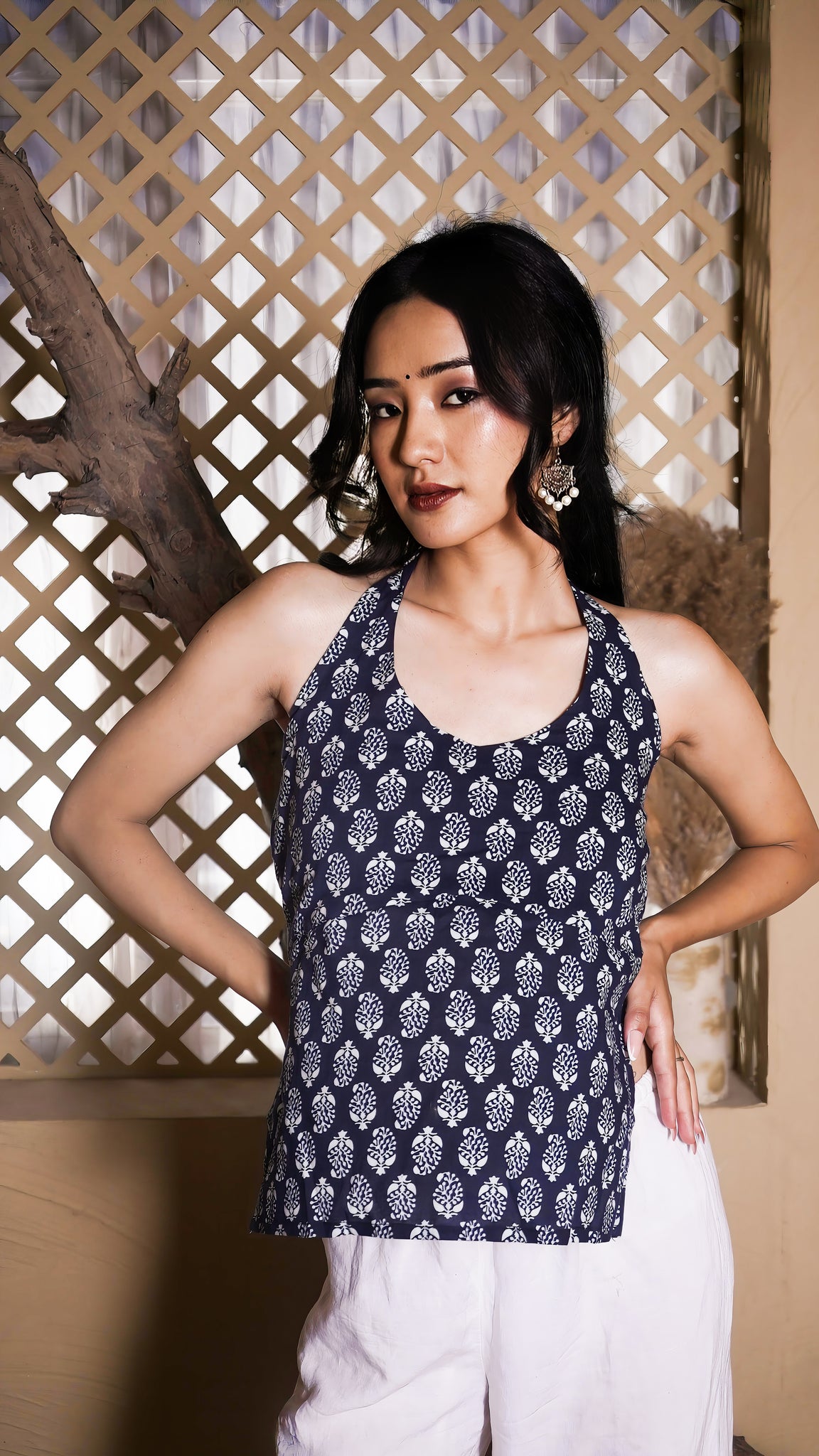 Indigo Bloom Tie-Back Halter Top