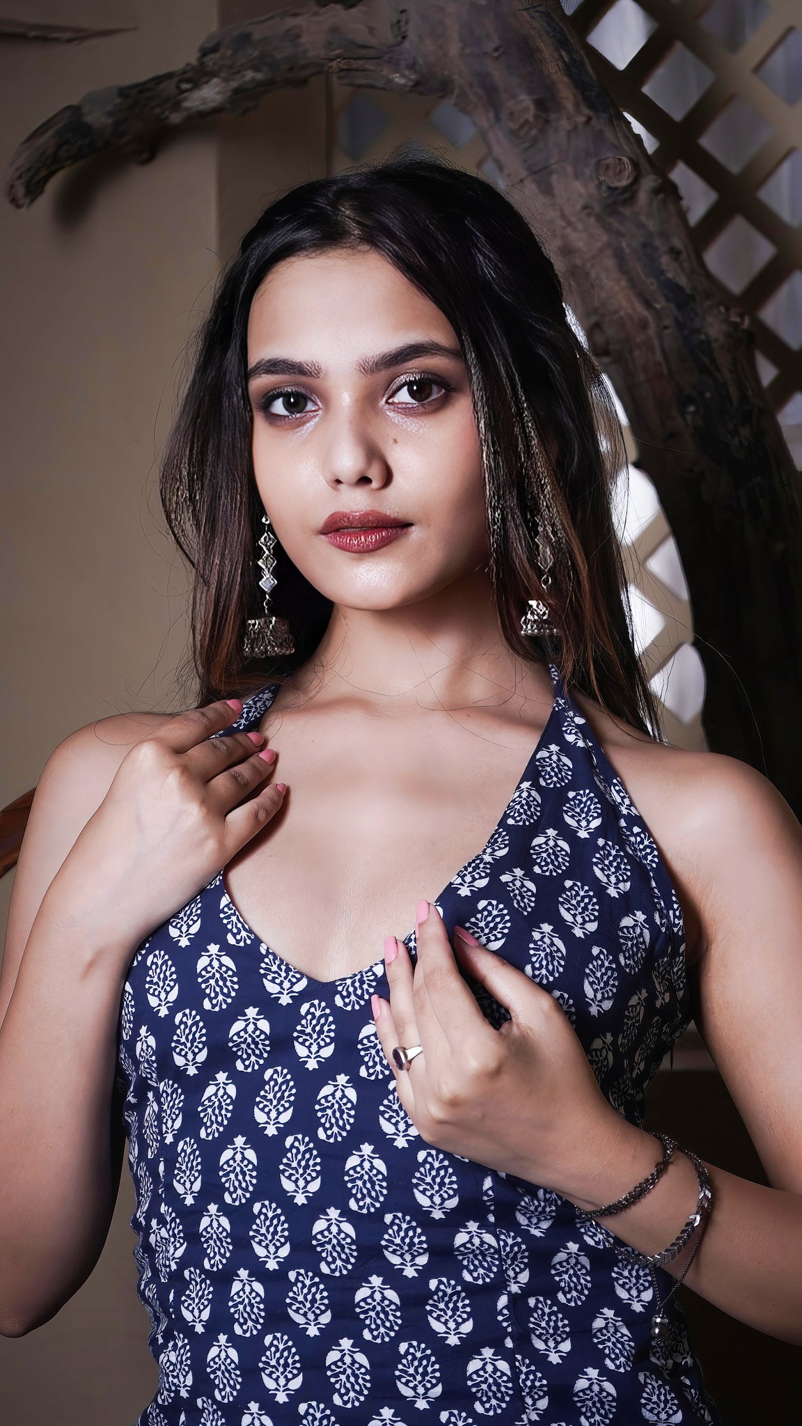 Midnight Blossom Halter Kurti